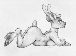 Size: 1264x938 | Tagged: suggestive, artist:ecmajor, cervid, deer, mammal, reindeer, anthro, unguligrade anthro, 2016, antlers, breasts, butt, cloven hooves, dewclaw, ears, female, fur, hooves, looking at you, looking back, looking back at you, lying down, monochrome, nudity, pinup, signature, simple background, slightly chubby, solo, solo female, tail, traditional art, white background