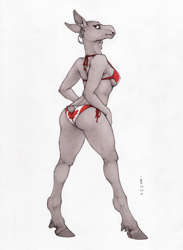 Size: 1292x1764 | Tagged: suggestive, artist:ecmajor, cervid, mammal, moose, anthro, unguligrade anthro, 2016, bikini, bikini bottom, bikini top, butt, canada, canadian flag, clothes, cloven hooves, dewclaw, ear piercing, earring, ears, female, hooves, looking at you, looking back, looking back at you, piercing, pinup, signature, simple background, solo, solo female, standing, swimsuit, tail, traditional art, white background
