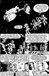 Size: 550x844 | Tagged: safe, artist:eric w schwartz, fictional species, human, mammal, black and white, comic, dialogue, grayscale, monochrome, space, speech bubble, talking, text