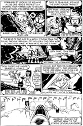 Size: 550x838 | Tagged: safe, artist:eric w schwartz, fictional species, human, mammal, black and white, comic, dialogue, grayscale, monochrome, space, speech bubble, talking, text