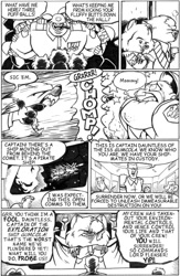Size: 550x841 | Tagged: safe, artist:eric w schwartz, fictional species, human, mammal, black and white, comic, dialogue, grayscale, monochrome, space, speech bubble, talking, text