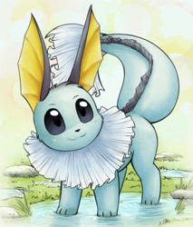 Size: 1089x1280 | Tagged: safe, artist:otakuap, eeveelution, fictional species, hybrid, mammal, vaporeon, feral, series:eevee types of eeveelutions, nintendo, pokémon, 2021, 2d, ambiguous gender, black nose, cute, digital art, ears, fluff, fur, neck fluff, paws, solo, solo ambiguous, tail, water