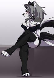 Size: 885x1280 | Tagged: safe, artist:katfishcom, loona (vivzmind), canine, fictional species, hellhound, mammal, anthro, digitigrade anthro, hazbin hotel, helluva boss, 2019, breasts, clothes, ears, female, gray hair, hair, long hair, solo, solo female, tail, thighs