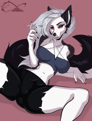 Size: 1000x1314 | Tagged: suggestive, artist:katfishcom, loona (vivzmind), canine, fictional species, hellhound, mammal, anthro, hazbin hotel, helluva boss, 2021, big breasts, breasts, clothes, ears, female, gray hair, hair, long hair, solo, solo female, tail, thick thighs, thighs