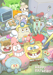 Size: 1668x2388 | Tagged: safe, artist:mitsubachipan, barnacle boy (spongebob), gary the snail (spongebob), karen plankton (spongebob), mermaid man (spongebob), mr. krabs (spongebob), mrs. puff (spongebob), patrick star (spongebob), pearl krabs (spongebob), plankton (spongebob), sandy cheeks (spongebob), spongebob (spongebob), squidward tentacles (spongebob), the flying dutchman (spongebob), animate machine, animate object, arthropod, cetacean, crab, crustacean, fictional species, fish, ghost, human, mammal, mollusk, octopus, plankton (species), pufferfish, robot, rodent, sea snail, snail, sperm whale, sponge (species), squirrel, starfish, undead, whale, anthro, digitigrade anthro, feral, humanoid, plantigrade anthro, semi-anthro, nickelodeon, spongebob squarepants (series), 2019, anniversary, background character, black eyes, blue body, blue eyes, brown body, brown fur, burger, computer, daughter, eyes closed, father, father and child, father and daughter, female, food, fur, gray body, grin, group, harold (spongebob), husband, husband and wife, krabby patty, large group, lettuce, male, old man jenkins (spongebob), open mouth, open smile, party, pink body, pixiv, red body, red eyes, smiling, tomato, ungulate, vegetables, wife, yellow body