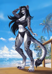 Size: 905x1280 | Tagged: safe, artist:alanscampos, oc, oc only, big cat, feline, mammal, snow leopard, anthro, digitigrade anthro, 2021, areola, arm behind head, armpits, beach, belly button, bikini, breasts, clothes, digital art, eyelashes, female, fur, hair, looking at you, solo, solo female, spotted body, spotted fur, swimsuit, tail, thighs, wide hips