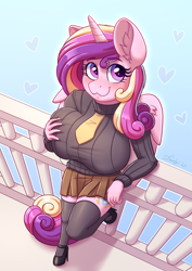 Size: 2480x3508 | Tagged: safe, artist:dandy, princess cadence (mlp), alicorn, equine, fictional species, mammal, pony, anthro, plantigrade anthro, friendship is magic, hasbro, my little pony, 2021, :3, anthrofied, balcony, big breasts, blonde hair, blonde tail, blushing, bottomwear, breast grab, breasts, clothes, cute, cutedance, ear fluff, ears, eyelashes, feathered wings, feathers, female, fluff, folded wings, grope, hair, hand on breast, high angle, high res, hoofbeat, horn, leaning, legwear, long hair, looking at you, magenta hair, magenta tail, mare, multicolored hair, multicolored tail, necktie, pink hair, pink tail, questionable source, self grope, shoes, skirt, smiling, smiling at you, solo, solo female, stockings, sweater, tail, thigh highs, topwear, turtleneck, wings