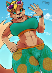 Size: 707x1000 | Tagged: suggestive, artist:ziyane, audie (animal crossing), canine, mammal, wolf, anthro, animal crossing, animal crossing: new horizons, nintendo, 2020, beach, belly button, bottomwear, breasts, cameltoe, clothes, digital art, eyelashes, female, fur, glasses, glasses on head, hair, looking at you, nipple outline, open mouth, pants, solo, solo female, sunglasses, sunglasses on head, tail, tank top, thighs, tongue, topwear, waving, wide hips