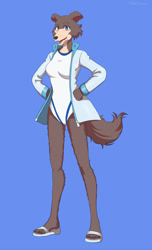 Size: 780x1280 | Tagged: safe, artist:samashtommy, juno (beastars), canine, mammal, wolf, anthro, plantigrade anthro, beastars, 2021, black nose, cheek fluff, clothes, commission, digital art, ears, eyelashes, female, fluff, fur, hand on hip, jacket, looking at you, one-piece swimsuit, open mouth, sandals, shoes, simple background, solo, solo female, swimsuit, tail, tongue, topwear