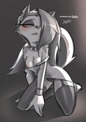 Size: 2480x3508 | Tagged: suggestive, artist:jizokuart, loona (vivzmind), canine, fictional species, hellhound, mammal, anthro, digitigrade anthro, hazbin hotel, helluva boss, 2021, areola, breasts, clothes, ears, female, gray hair, hair, high res, long hair, looking at you, solo, solo female, tail, thighs