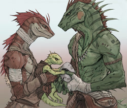 Size: 1128x954 | Tagged: safe, artist:unrealien1, lizard, reptile, anthro, dungeons & dragons, 2021, egg, family, father, father and child, female, male, mother, mother and child