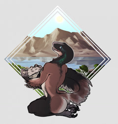 Size: 1225x1280 | Tagged: safe, artist:sheycra, deinonychus, dinosaur, feathered dinosaur, raptor, theropod, anthro, 2021, ambiguous gender, black feathers, brown feathers, butt, claws, complete nudity, feathers, flat chest, green feathers, holding, kneeling, log, looking at you, looking back, looking back at you, nonbinary, nudity, open mouth, scenery, sharp teeth, solo, solo ambiguous, tail, teeth, winged arms