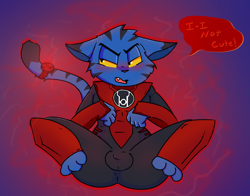 Size: 1104x864 | Tagged: suggestive, artist:reptilianknight, dex-starr (dc comics), cat, feline, mammal, anthro, dc comics, aura, blushing, bulge, clothes, colored sclera, dialogue, ears down, embarrassed, fangs, floating, i'm not cute, lidded eyes, looking away, male, open mouth, red lantern, red lantern ring, sharp teeth, solo, solo male, speech bubble, spread legs, tail, talking, teeth, tight clothing, yellow sclera