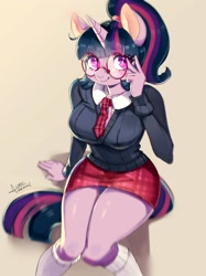Size: 2000x2667 | Tagged: safe, artist:mrscurlystyles, twilight sparkle (mlp), equine, fictional species, mammal, pony, unicorn, anthro, friendship is magic, hasbro, my little pony, 2021, anthrofied, bottomwear, breasts, clothes, female, glasses, hair, high res, horn, mare, meganekko, necktie, ponytail, round glasses, shorts, signature, solo, solo female, tail