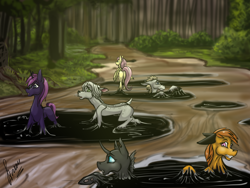 Size: 4000x3000 | Tagged: suggestive, artist:stirren, fluttershy (mlp), oc, equine, mammal, pony, feral, friendship is magic, hasbro, my little pony, commission, forest, forest background, goo, liquid latex, multiple characters, sinking, stuck, tar, ych result