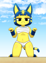 Size: 932x1275 | Tagged: safe, artist:sum, ankha (animal crossing), cat, feline, mammal, anthro, digitigrade anthro, animal crossing, nintendo, 2021, beach, bedroom eyes, bikini, breasts, clothes, cloud, digital art, ears, eyelashes, female, fur, hair, kneeling, looking at you, ocean, sand, sky, solo, solo female, swimsuit, tail, thighs, water, wide hips