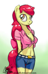 Size: 505x783 | Tagged: safe, artist:ceehoff, apple bloom (mlp), equine, mammal, pony, anthro, friendship is magic, hasbro, my little pony, belly button, belt, big breasts, big eyes, blouse, bottomwear, bra, breasts, cleavage, clothes, female, fur, hair, looking at you, midriff, red hair, red tail, ribbon, shirt, shorts, skinny, slim, smiling, smiling at you, solo, solo female, tail, teenager, topwear, underwear, yellow body, yellow fur