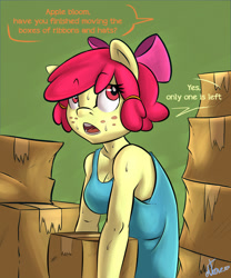 Size: 1000x1200 | Tagged: safe, artist:atane27, apple bloom (mlp), equine, mammal, pony, anthro, friendship is magic, hasbro, my little pony, big eyes, box, breasts, cleavage, female, hair, open mouth, red hair, ribbon, slim, solo, solo female, sweat, teenager
