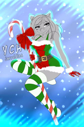 Size: 2070x3096 | Tagged: suggestive, artist:jerraldina, elf, equine, fictional species, human, mammal, pony, humanoid, candy cane, christmas, clothes, female, high res, holiday, legwear, sexy, stockings, winter, ych