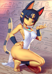Size: 897x1269 | Tagged: safe, artist:pakwan008, ankha (animal crossing), cat, feline, mammal, anthro, animal crossing, nintendo, 2021, bedroom eyes, blue hair, breasts, clothes, dress, ears, female, fur, hair, hieroglyphics, looking at you, paws, side slit, solo, solo female, tail, thick thighs, thighs, total sideslit, yellow body, yellow fur