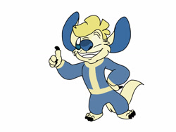 Size: 1024x768 | Tagged: safe, artist:citrusdenny, vault boy (fallout), alien, experiment (lilo & stitch), fictional species, disney, fallout, lilo & stitch, 3 toes, 4 fingers, black claws, blonde hair, blue body, blue nose, claws, crossover, digital art, experimentified, fur, grin, hair, hand on hip, male, simple background, solo, solo male, species swap, thumbs up, toe claws, toes, white background, yellow body, yellow fur