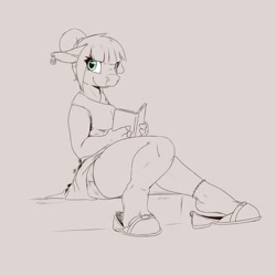 Size: 2500x2500 | Tagged: safe, artist:louart, bovid, cattle, cow, mammal, anthro, book, bottomwear, clothes, ear piercing, ear tag, earring, female, high res, piercing, shirt, shorts, sitting, slippers, solo, solo female, topwear