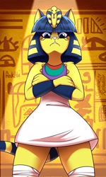 Size: 1229x2048 | Tagged: safe, artist:shadowreindeer, ankha (animal crossing), cat, feline, mammal, anthro, animal crossing, nintendo, 2021, blue hair, clothes, dress, ears, female, frowning, hair, looking at you, solo, solo female, tail, thighs