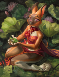 Size: 988x1280 | Tagged: safe, artist:akineza, amphibian, frog, lagomorph, mammal, rabbit, anthro, feral, plantigrade anthro, 2021, brown body, brown fur, clothes, commission, dress, ears, female, female focus, fur, holding, kneeling, looking at you, magenta eyes, paws, scenery, signature, sitting, solo focus