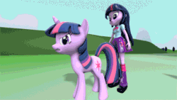 Size: 640x360 | Tagged: safe, artist:kwark85, twilight sparkle (mlp), equine, fictional species, human, mammal, pony, unicorn, feral, equestria girls, friendship is magic, hasbro, my little pony, 2015, 3d, 3d animation, animated, bucking, digital art, duo, duo female, eyelashes, female, females only, horn, kicking, mare, self paradox, source filmmaker