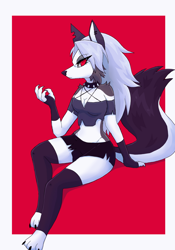 Size: 1024x1467 | Tagged: safe, artist:virus-wolf, loona (vivzmind), canine, fictional species, hellhound, mammal, anthro, digitigrade anthro, hazbin hotel, helluva boss, 2021, border, breasts, cell phone, clothes, ears, female, gray hair, hair, long hair, phone, smartphone, solo, solo female, tail, thighs, white border