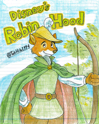 Size: 1280x1605 | Tagged: safe, artist:takhito1994, robin hood (robin hood), canine, fox, mammal, anthro, disney, robin hood (disney), bow, brooch, cape, clothes, drawing, male, solo, solo male