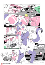 Size: 1300x1859 | Tagged: safe, artist:shepherd0821, dragon, fictional species, human, mammal, anthro, modern mogal, butt, car, car wash, dragoness, female, hair, horns, male, monster girl, size difference, tail, vehicle