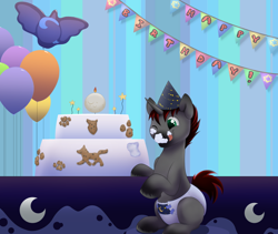 Size: 1574x1326 | Tagged: safe, artist:binkyroom, oc, equine, fictional species, mammal, pony, unicorn, feral, balloon, birthday, cake, cute, diaper, food, happy, hooves, horn, licking, raffle prize, smiling, solo, tongue, tongue out