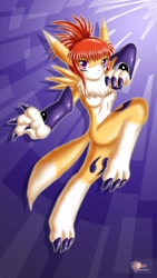 Size: 724x1280 | Tagged: suggestive, artist:mnxenx001, rika nonaka (digimon), fictional species, renamon, anthro, digitigrade anthro, digimon, 2007, belly button, black nose, breasts, digital art, ears, eyelashes, featureless breasts, featureless crotch, female, fluff, fur, hair, looking at you, neck fluff, nudity, solo, solo female, tail, thighs, wide hips