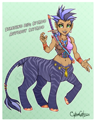 Size: 1179x1500 | Tagged: safe, centaur, equine, fictional species, horse, mammal, pony, zebra, humanoid, taur, adoptable, belly button, chibi, clothes, ear piercing, earring, ears, fantasy, female, fur, gray body, gray fur, green eyes, hair, hooves, illustration, jewelry, kemono, piercing, purple hair, signature, solo, solo female, tail, tail tuft