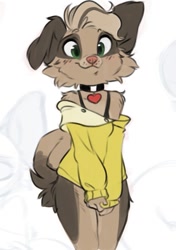 Size: 753x1071 | Tagged: safe, artist:longear, canine, dog, mammal, anthro, bra straps, brown body, brown fur, cheek fluff, clothes, collar, fluff, fur, green eyes, heart, looking at you, multicolored fur, off shoulder, off shoulder sweater, smiling, sweater, topwear, two toned body, two toned fur