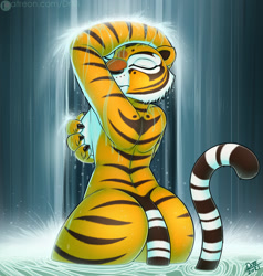 Size: 1216x1280 | Tagged: suggestive, artist:drxii, master tigress (kung fu panda), big cat, feline, mammal, tiger, anthro, dreamworks animation, kung fu panda, 2021, armpits, bath, belly button, breasts, brown nose, butt, covering breasts, digital art, ears, eyelashes, eyes closed, female, nudity, rear view, rubbing breasts, sideboob, solo, solo female, tail, thighs, water, waterfall, wide hips