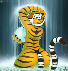 Size: 1216x1280 | Tagged: suggestive, alternate version, artist:drxii, master tigress (kung fu panda), big cat, feline, mammal, tiger, anthro, dreamworks animation, kung fu panda, 2021, armpits, bath, belly button, big breasts, breast expansion, breasts, brown nose, butt, covering breasts, digital art, ears, expansion, eyelashes, eyes closed, female, moaning, nudity, rear view, rubbing breasts, sideboob, solo, solo female, tail, thighs, water, waterfall, wide hips