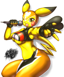 Size: 833x1000 | Tagged: safe, artist:mnxenx001, fictional species, mammal, pikachu, anthro, nintendo, pokémon, 2016, belly button, black nose, bottomwear, breasts, clothes, digital art, ears, eyelashes, female, fingerless gloves, fur, gloves, mask, microphone, one eye closed, open mouth, pants, pikachu libre, simple background, solo, solo female, tail, tank top, thighs, tongue, topwear, underboob, wide hips