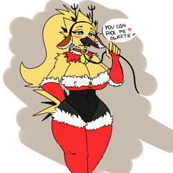Size: 4096x4096 | Tagged: suggestive, artist:ren eliwood, oc, oc only, fictional species, legendary pokémon, zapdos, anthro, nintendo, pokémon, absurd resolution, belly button, big breasts, blue eyes, blushing, breasts, christmas, cleavage, clothes, collar, dialogue, fake antlers, fake ears, feathers, female, fingerless gloves, gloves, hand on hip, heart, holiday, innuendo, leash, legwear, leotard, open mouth, open smile, smiling, solo, solo female, speech bubble, tail, tail feathers, talking, thick thighs, thigh highs, thighs, wide hips