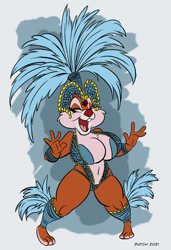 Size: 873x1280 | Tagged: safe, artist:dutch, clarice (disney), chipmunk, mammal, rodent, anthro, disney, mickey and friends, absolute cleavage, bedroom eyes, big breasts, blue eyes, brazilian, breasts, buckteeth, carnival, cleavage, feathers, female, looking at you, open mouth, red nose, sexy, smiling, smiling at you, solo, solo female, teeth, thick thighs, thighs, tongue, wide hips