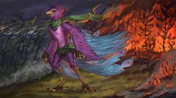 Size: 6304x3508 | Tagged: safe, artist:elkaart, oc, oc:gyro feather, oc:gyro feather (bird), bird, galliform, peafowl, anthro, beak, bird feet, bird hands, claws, feathered wings, feathers, green eyes, male, pink body, purple body, tail, wings, yellow body