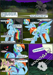 Size: 2893x4092 | Tagged: safe, artist:novaspark, part of a set, flutterbat (mlp), fluttershy (mlp), rainbow dash (mlp), bat pony, equine, fictional species, mammal, pegasus, pony, feral, comic:going batty, friendship is magic, hasbro, my little pony, bat wings, comic, dialogue, everfree forest (mlp), sneaking, species swap, statue, talking, webbed wings, wings