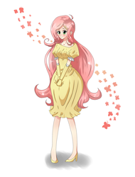 Size: 1322x1735 | Tagged: safe, artist:tomat-in-cup, fluttershy (mlp), human, mammal, friendship is magic, hasbro, my little pony, clothes, cute, dress, female, gloves, high heels, humanized, long gloves, shoes, smiling, solo, solo female, species swap