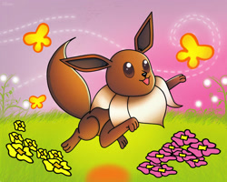 Size: 1280x1024 | Tagged: safe, artist:queen-quail, arthropod, butterfly, eevee, eeveelution, fictional species, insect, mammal, feral, nintendo, pokémon, female, fluff, paws, solo, solo female