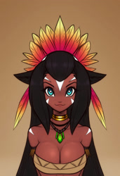 Size: 1643x2400 | Tagged: safe, artist:scorpdk, oc, oc only, cat, feline, mammal, anthro, black hair, breasts, bust, cleavage, clothes, colored pupils, cyan eyes, eyebrows, eyelashes, feathers, female, hair, jewelry, looking at you, neck rings, necklace, portrait, solo, solo female, white pupils