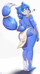 Size: 1126x2048 | Tagged: safe, artist:nexcoyotlgt, krystal (star fox), canine, fox, mammal, anthro, nintendo, star fox, 2021, big breasts, big butt, blue hair, breasts, butt, clothes, ears, female, hair, looking at you, looking back, looking back at you, solo, solo female, tail, thick thighs, thighs, unconvincing armor, vixen