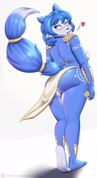 Size: 1126x2048 | Tagged: suggestive, alternate version, artist:nexcoyotlgt, krystal (star fox), canine, fox, mammal, anthro, nintendo, star fox, 2021, big breasts, big butt, blue hair, breasts, butt, clothes, ears, female, hair, looking at you, looking back, looking back at you, solo, solo female, tail, thick thighs, thighs, unconvincing armor, vixen