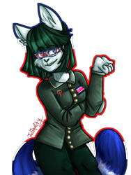 Size: 1488x1984 | Tagged: safe, artist:juliamity, anthro, bottomwear, breasts, cheek fluff, clothes, colored outline, ear fluff, female, fluff, glasses, green clothing, green hair, hair, military uniform, north korea, outline, signature, simple background, solo, solo female, topwear, transparent background