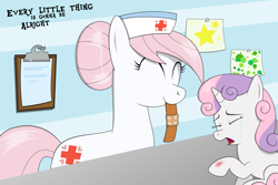 Size: 3000x2000 | Tagged: safe, artist:oobrushstrokeoo, nurse redheart (mlp), sweetie belle (mlp), earth pony, equine, fictional species, mammal, pony, unicorn, feral, friendship is magic, hasbro, my little pony, 2014, bandaid, clothes, crying, duo, duo female, eyes closed, female, females only, filly, foal, hat, headwear, high res, holding, horn, injured, mare, mouth hold, nurse hat, smiling, young